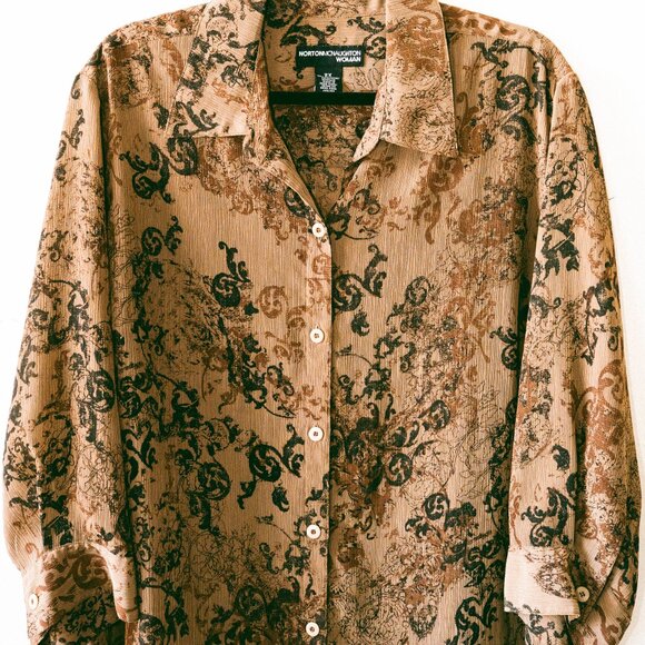 Vintage 90s/Y2K Distressed Floral Norton McNaughton Woman 3/4 Sleeve Blouse - Picture 2 of 6